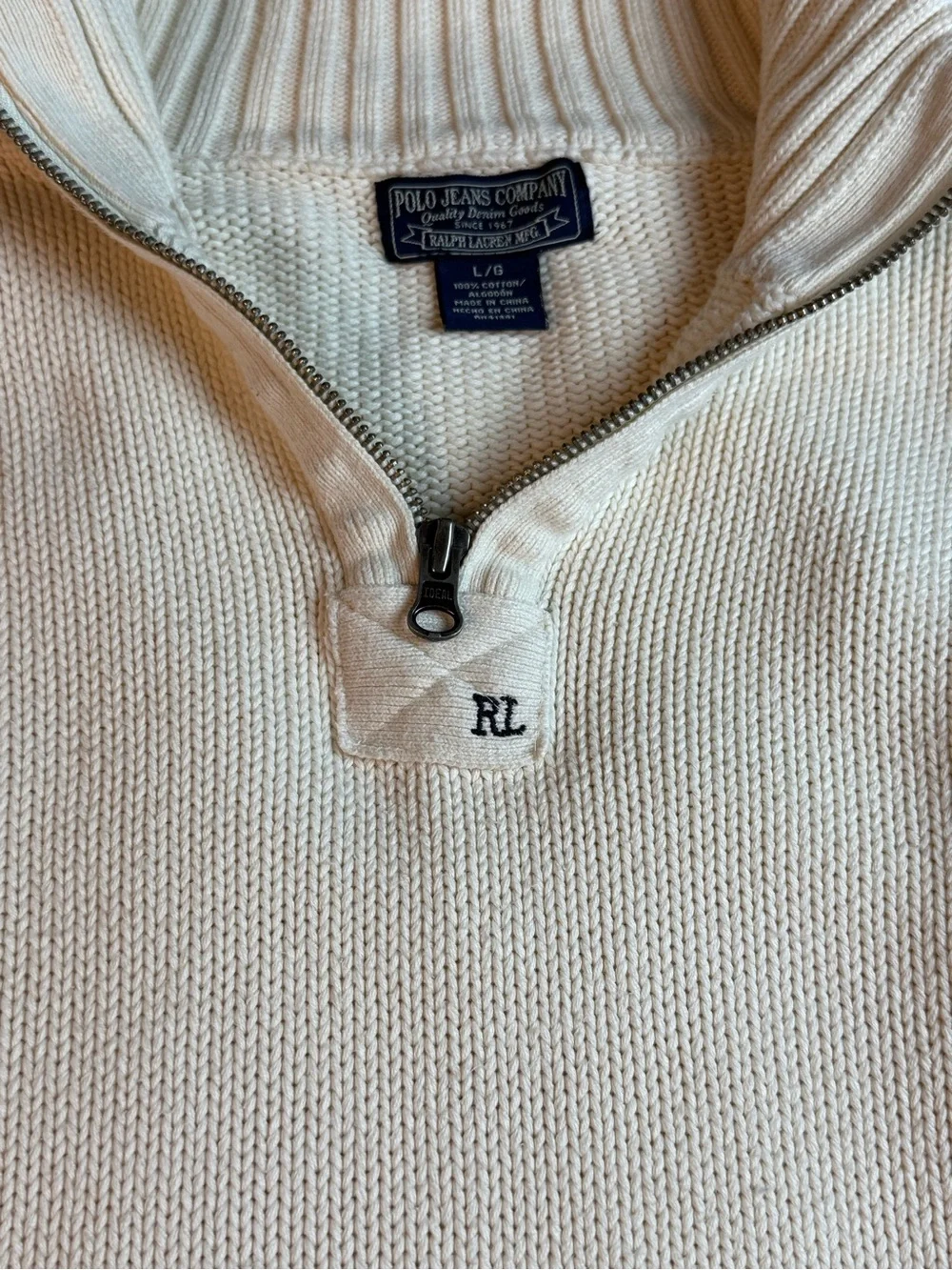 Vtg. Ralph Lauren Polo jeans Co. Ivory Quarter Zip Heavy Cotton Sweater Large. - Picture 7 of 9